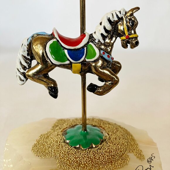 Ron Lee Carousel Horse Onyx Base Gold Bead Painted Signed 85 Figurine Vintage - Picture 9 of 13